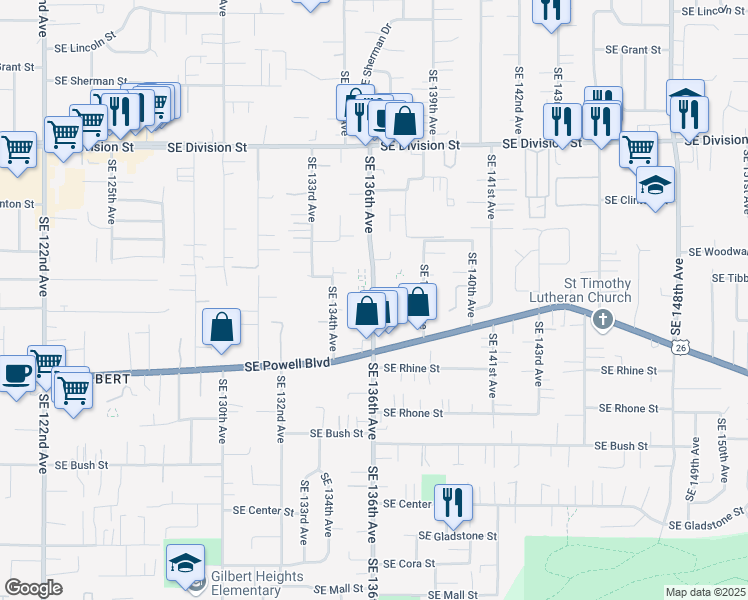 map of restaurants, bars, coffee shops, grocery stores, and more near 3120 Southeast 136th Avenue in Portland