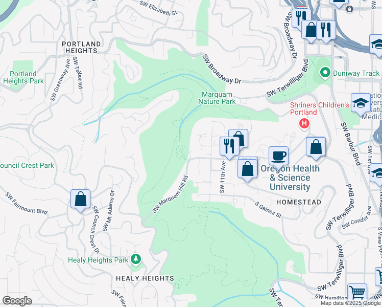 map of restaurants, bars, coffee shops, grocery stores, and more near 1325 Southwest Gibbs Street in Portland