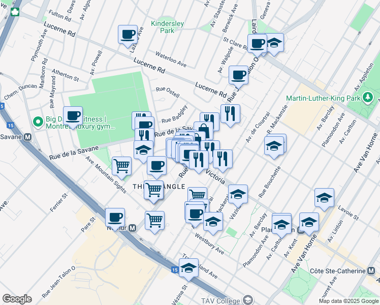 map of restaurants, bars, coffee shops, grocery stores, and more near 4293 Rue Jean-Talon Ouest in Montréal