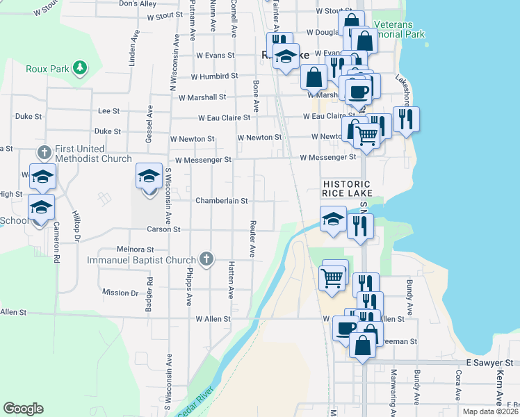 map of restaurants, bars, coffee shops, grocery stores, and more near 107 Reuter Avenue in Rice Lake