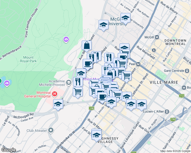 map of restaurants, bars, coffee shops, grocery stores, and more near 3454 Avenue du Musée in Montréal