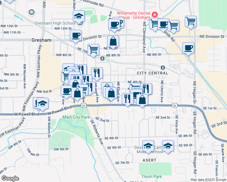 map of restaurants, bars, coffee shops, grocery stores, and more near 520 Northeast 3rd Street in Gresham