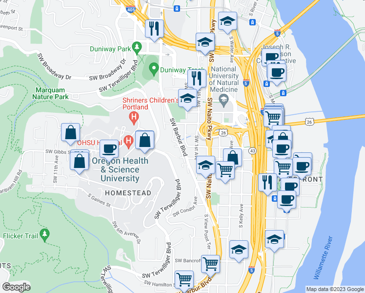 map of restaurants, bars, coffee shops, grocery stores, and more near SW Barbur Blvd & SW Gibbs St in Portland