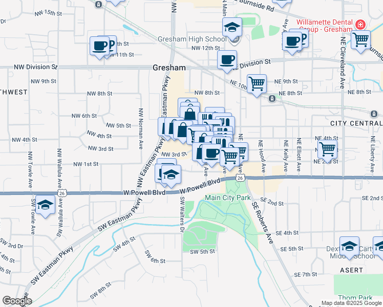 map of restaurants, bars, coffee shops, grocery stores, and more near 320 Northwest Eastman Parkway in Gresham