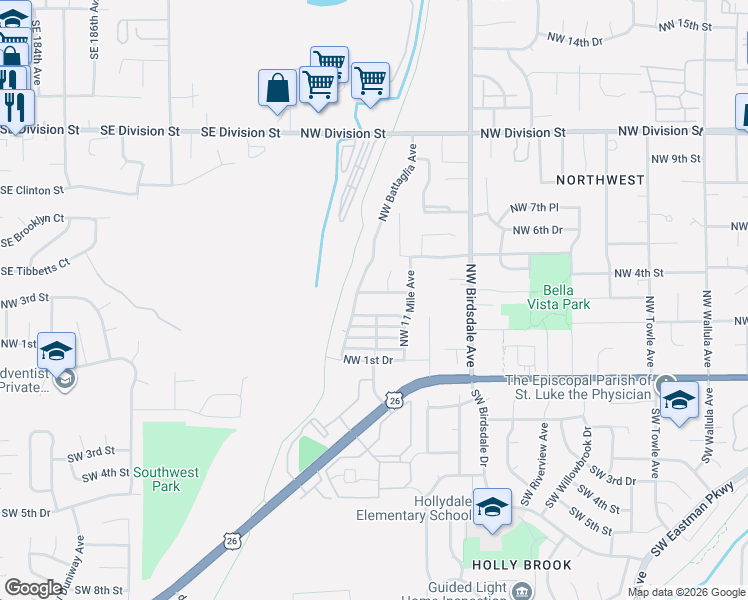 map of restaurants, bars, coffee shops, grocery stores, and more near 2578 Northwest 4th Street in Gresham