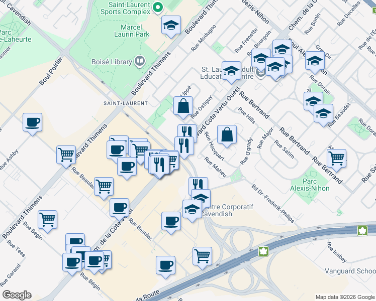 map of restaurants, bars, coffee shops, grocery stores, and more near 2950 Boulevard de la Côte Vertu in Montréal