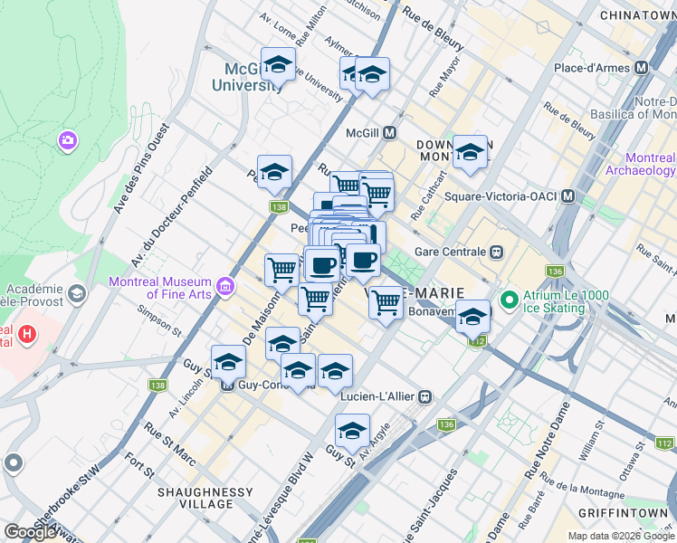 map of restaurants, bars, coffee shops, grocery stores, and more near in Montreal