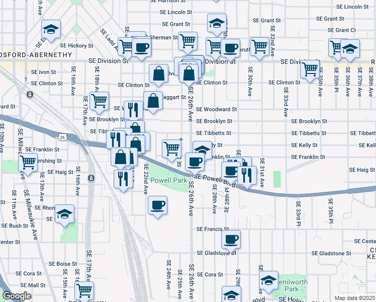map of restaurants, bars, coffee shops, grocery stores, and more near 3219 Southeast 26th Avenue in Portland