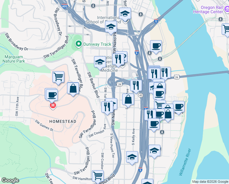 map of restaurants, bars, coffee shops, grocery stores, and more near Oregon 10 in Portland