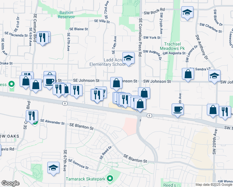 map of restaurants, bars, coffee shops, grocery stores, and more near 2815 Southeast 75th Avenue in Hillsboro