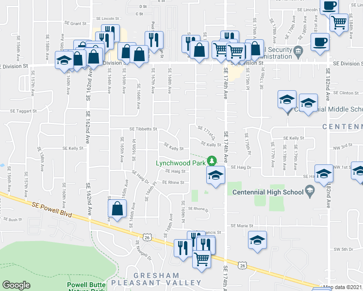 map of restaurants, bars, coffee shops, grocery stores, and more near 3136 Southeast 169th Avenue in Portland