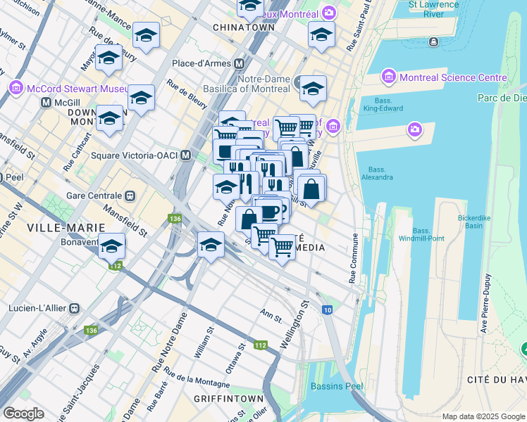 map of restaurants, bars, coffee shops, grocery stores, and more near in Montreal