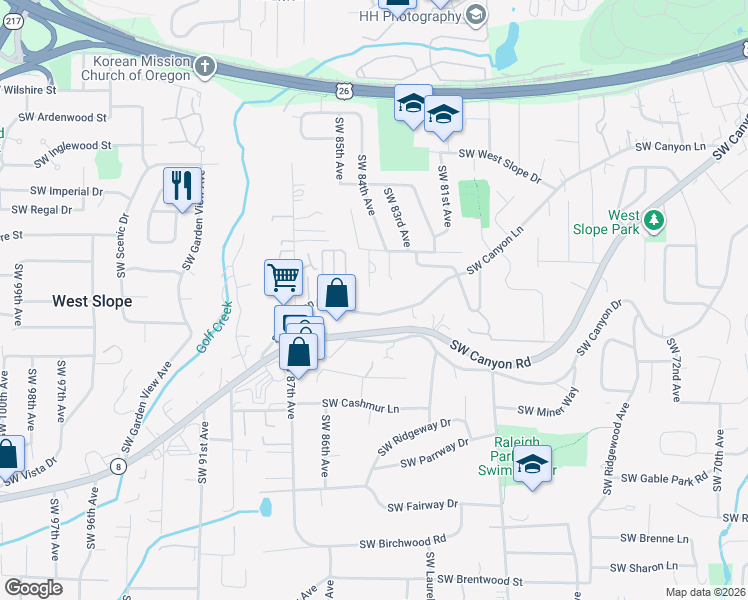 map of restaurants, bars, coffee shops, grocery stores, and more near 8401 Southwest Canyon Lane in Portland