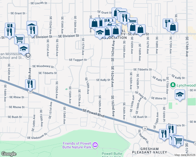 map of restaurants, bars, coffee shops, grocery stores, and more near 3147 Southeast 160th Avenue in Portland