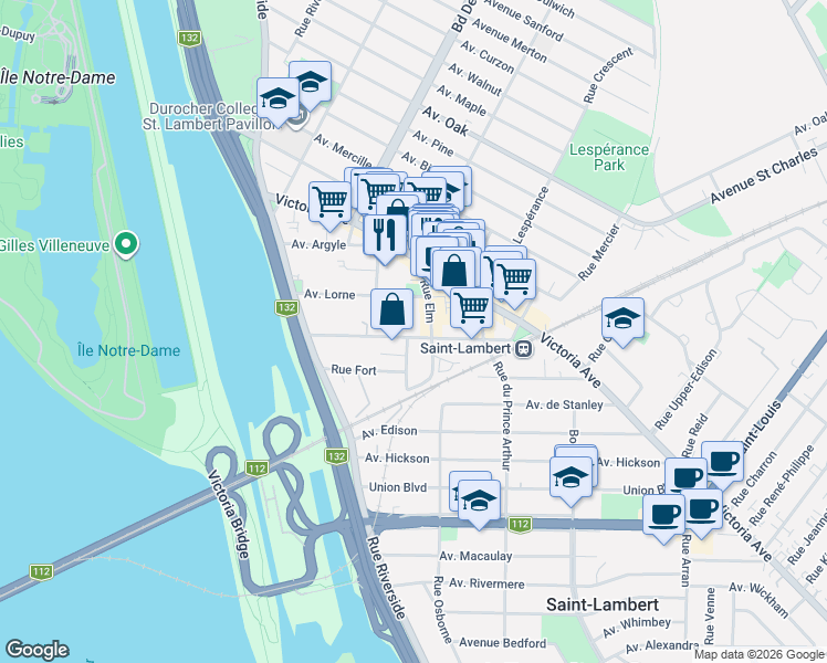 map of restaurants, bars, coffee shops, grocery stores, and more near 156 Avenue Saint Denis in Saint-Lambert