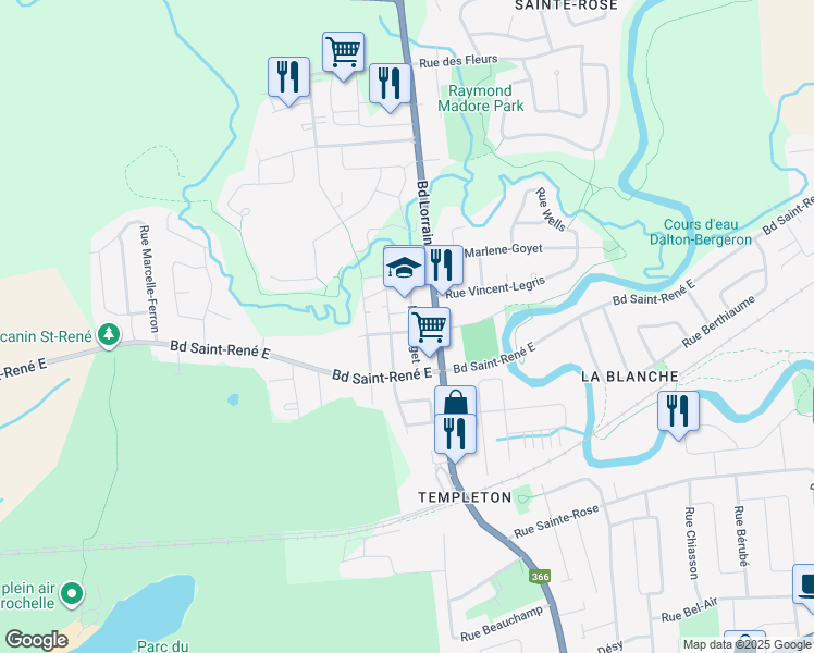 map of restaurants, bars, coffee shops, grocery stores, and more near 15 Rue Forget in Gatineau