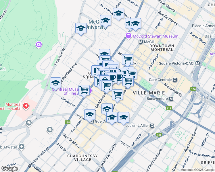 map of restaurants, bars, coffee shops, grocery stores, and more near 2000 Rue Drummond in Montréal