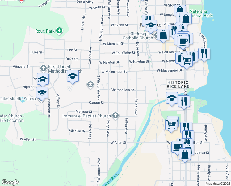 map of restaurants, bars, coffee shops, grocery stores, and more near 108 Noble Avenue in Rice Lake