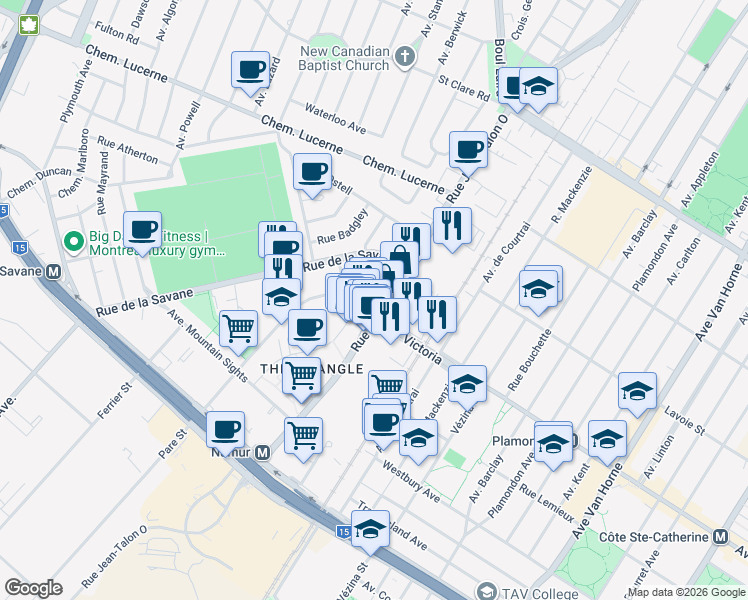 map of restaurants, bars, coffee shops, grocery stores, and more near 4293 Rue Jean-Talon Ouest in Montréal