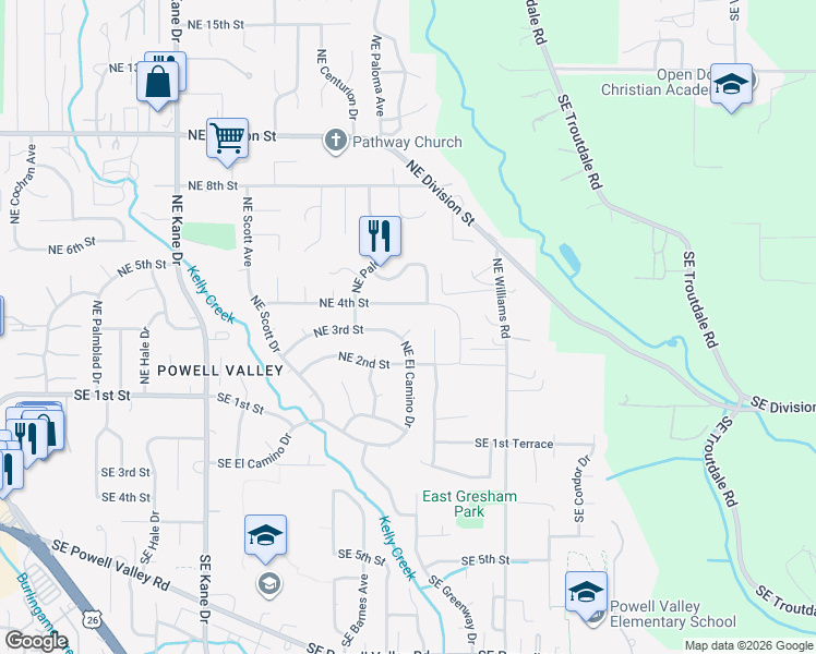 map of restaurants, bars, coffee shops, grocery stores, and more near 4111 Northeast El Camino Court in Gresham