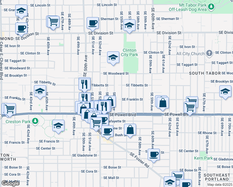map of restaurants, bars, coffee shops, grocery stores, and more near 3212 Southeast 54th Avenue in Portland