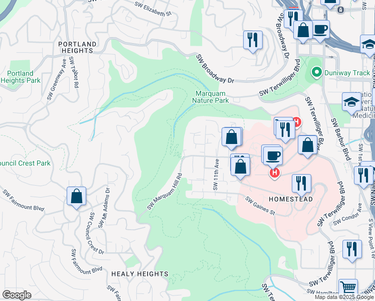 map of restaurants, bars, coffee shops, grocery stores, and more near 1311 Southwest Gibbs Street in Portland