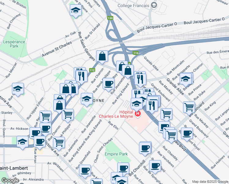 map of restaurants, bars, coffee shops, grocery stores, and more near 246 Rue Jeannette in Longueuil