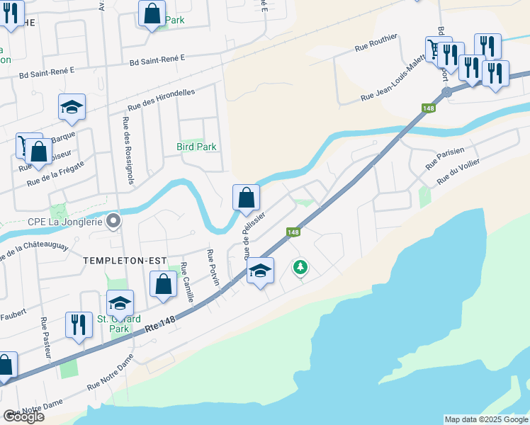 map of restaurants, bars, coffee shops, grocery stores, and more near Rue de Pélissier in Gatineau