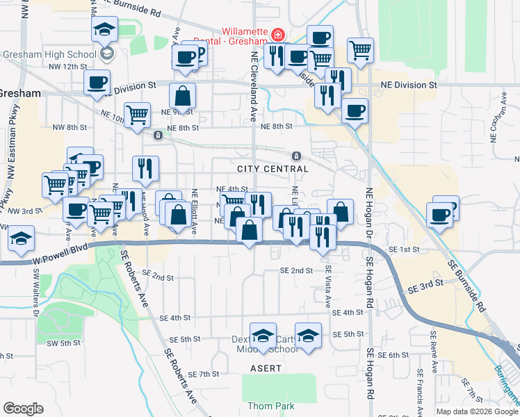 map of restaurants, bars, coffee shops, grocery stores, and more near 234 Northeast Cleveland Avenue in Gresham