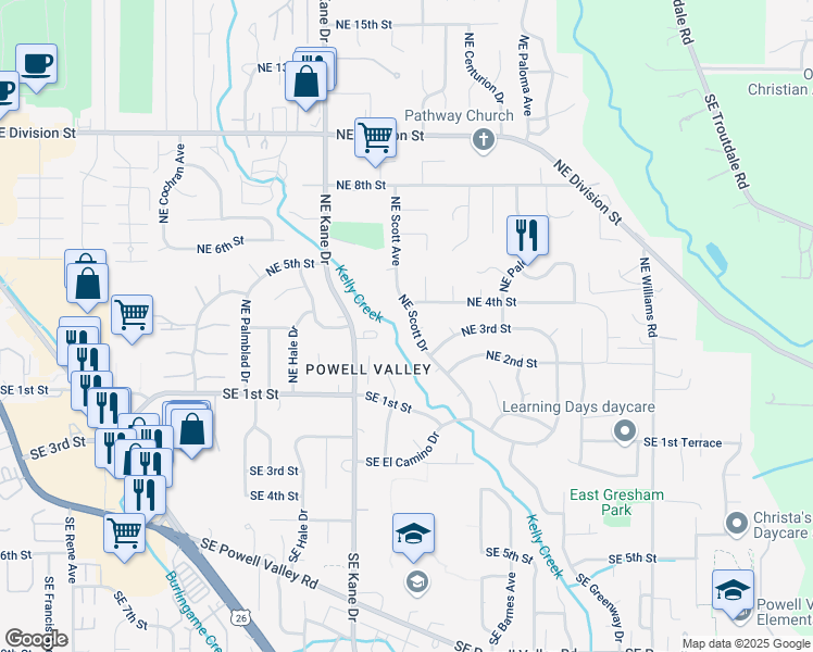 map of restaurants, bars, coffee shops, grocery stores, and more near 343 Northeast Scott Drive in Gresham