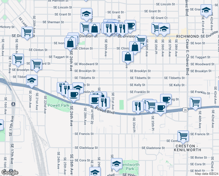 map of restaurants, bars, coffee shops, grocery stores, and more near 3018 Southeast Kelly Street in Portland