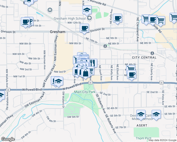 map of restaurants, bars, coffee shops, grocery stores, and more near 236 Northeast 3rd Street in Gresham