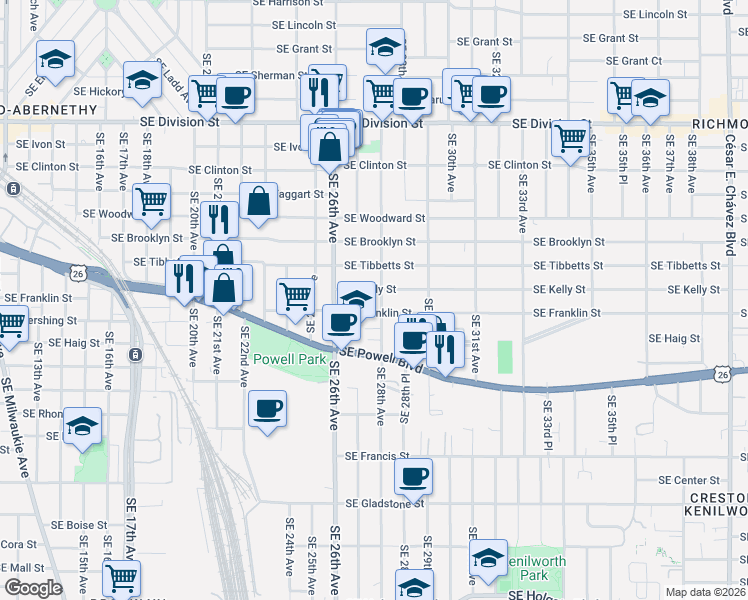 map of restaurants, bars, coffee shops, grocery stores, and more near 3219 Southeast 28th Avenue in Portland