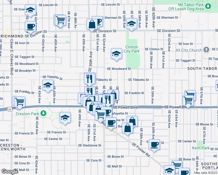 map of restaurants, bars, coffee shops, grocery stores, and more near 3215 Southeast 53rd Avenue in Portland