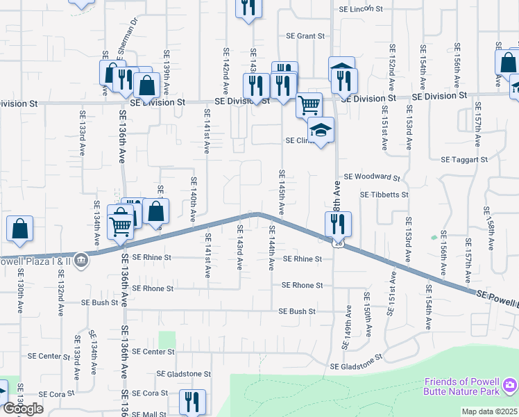 map of restaurants, bars, coffee shops, grocery stores, and more near 14345 Southeast Powell Boulevard in Portland