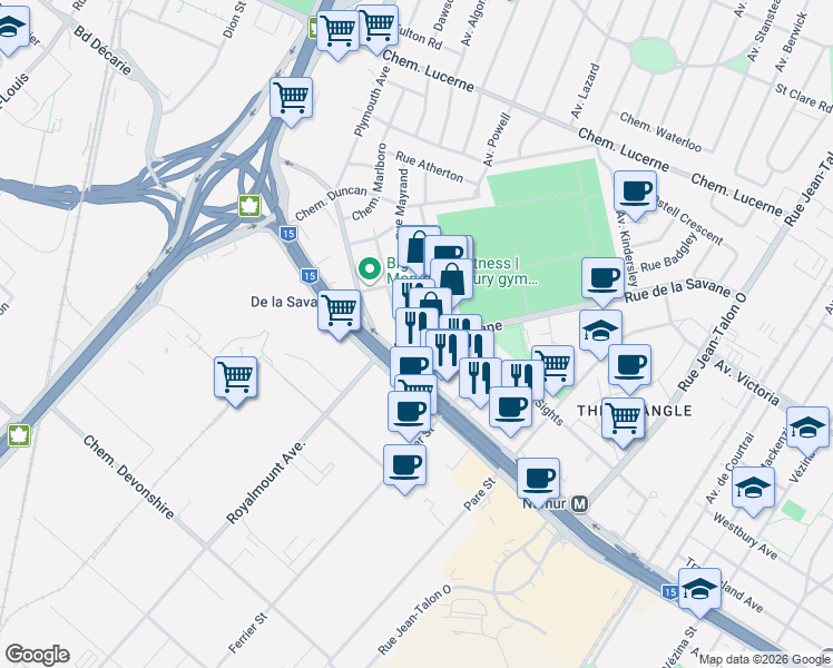 map of restaurants, bars, coffee shops, grocery stores, and more near 5235 Rue de la Savane in Montréal