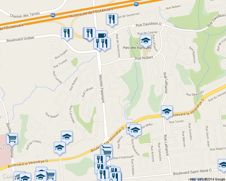 map of restaurants, bars, coffee shops, grocery stores, and more near 299 Rue de Saint-Émilion in Gatineau