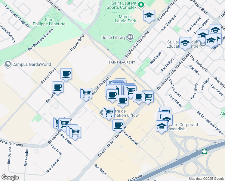 map of restaurants, bars, coffee shops, grocery stores, and more near 3100 Boulevard Thimens in Montréal