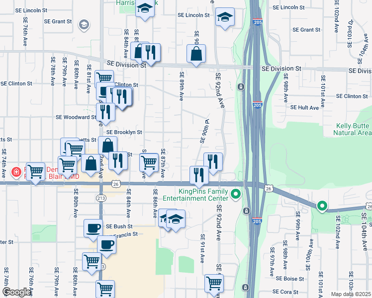 map of restaurants, bars, coffee shops, grocery stores, and more near 3118 Southeast 89th Avenue in Portland