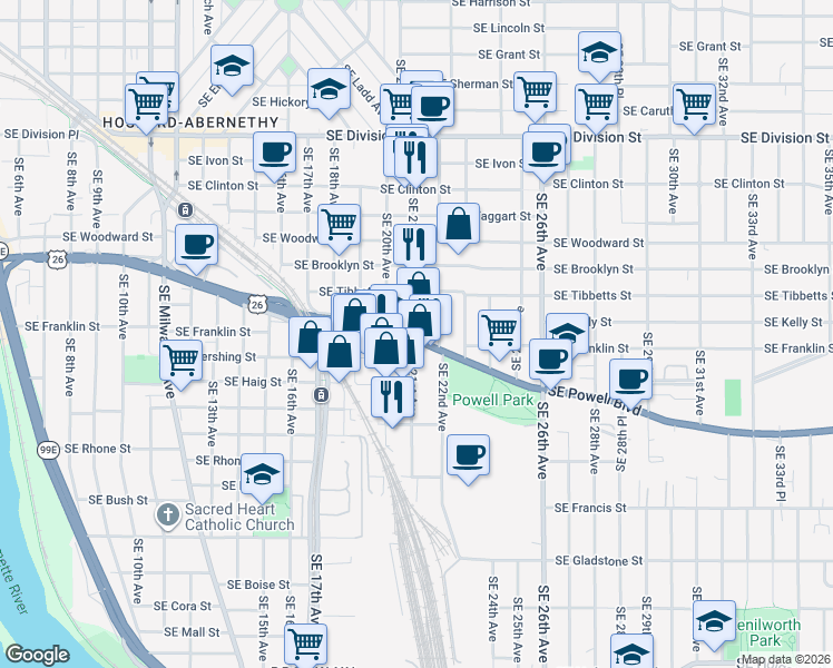 map of restaurants, bars, coffee shops, grocery stores, and more near 3228 Southeast 21st Avenue in Portland