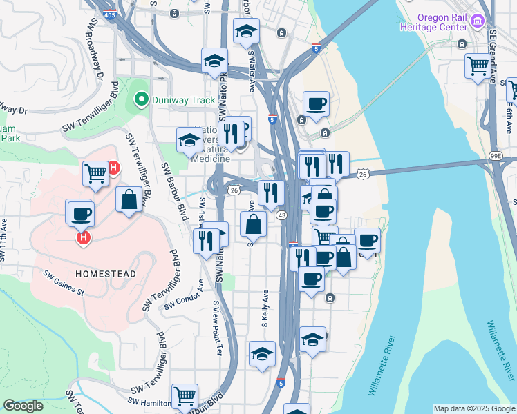map of restaurants, bars, coffee shops, grocery stores, and more near 3239 South Corbett Avenue in Portland