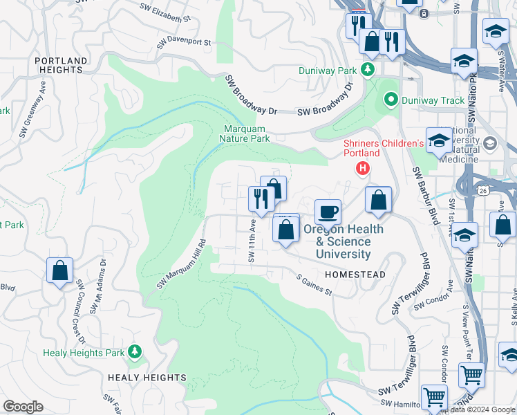 map of restaurants, bars, coffee shops, grocery stores, and more near 3216 Southwest 11th Avenue in Portland