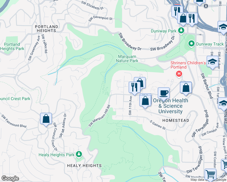 map of restaurants, bars, coffee shops, grocery stores, and more near 1325 Southwest Gibbs Street in Portland