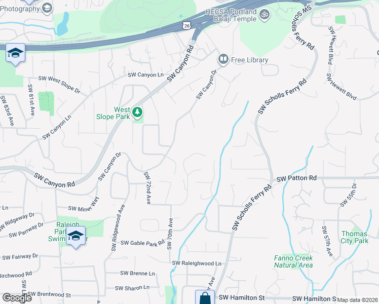 map of restaurants, bars, coffee shops, grocery stores, and more near 2865 Southwest Raleighview Drive in Portland