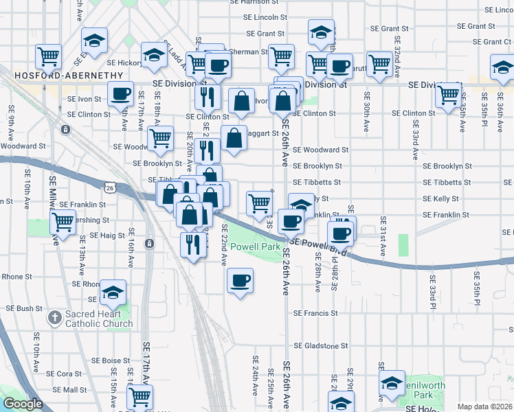map of restaurants, bars, coffee shops, grocery stores, and more near 3222 Southeast 24th Avenue in Portland