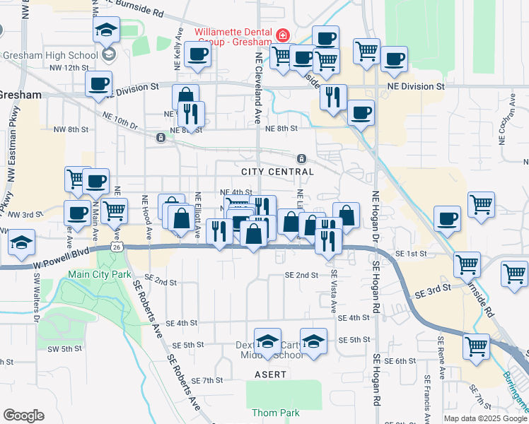 map of restaurants, bars, coffee shops, grocery stores, and more near 234 Northeast Cleveland Avenue in Gresham