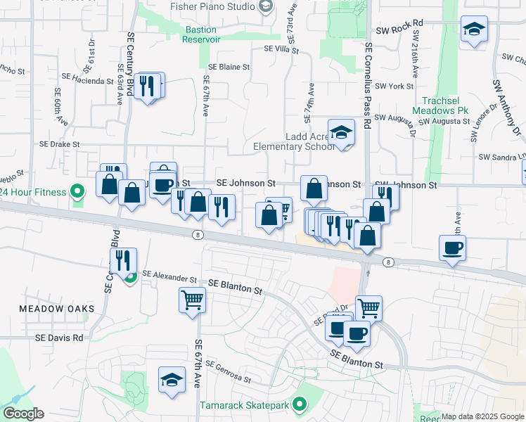 map of restaurants, bars, coffee shops, grocery stores, and more near 7190 Southeast Sterling Lane in Hillsboro