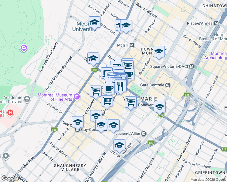 map of restaurants, bars, coffee shops, grocery stores, and more near 1410 Rue Stanley in Montreal