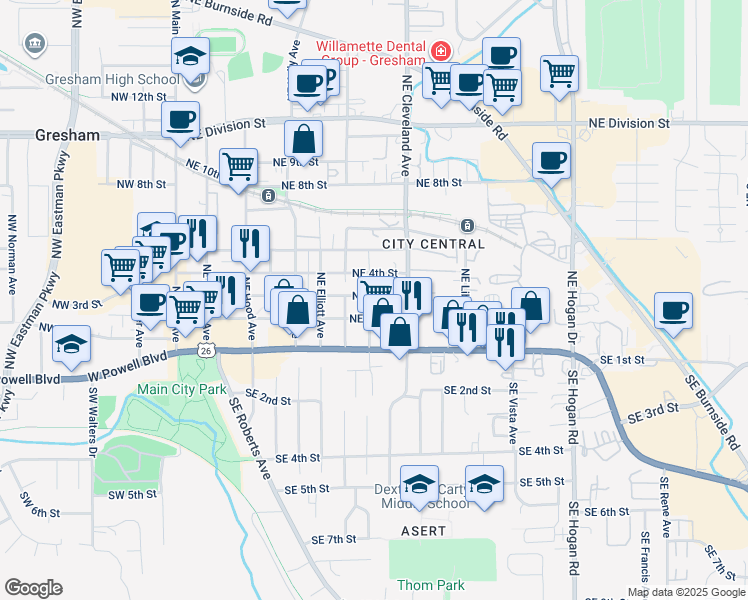map of restaurants, bars, coffee shops, grocery stores, and more near 808 Northeast 3rd Street in Gresham
