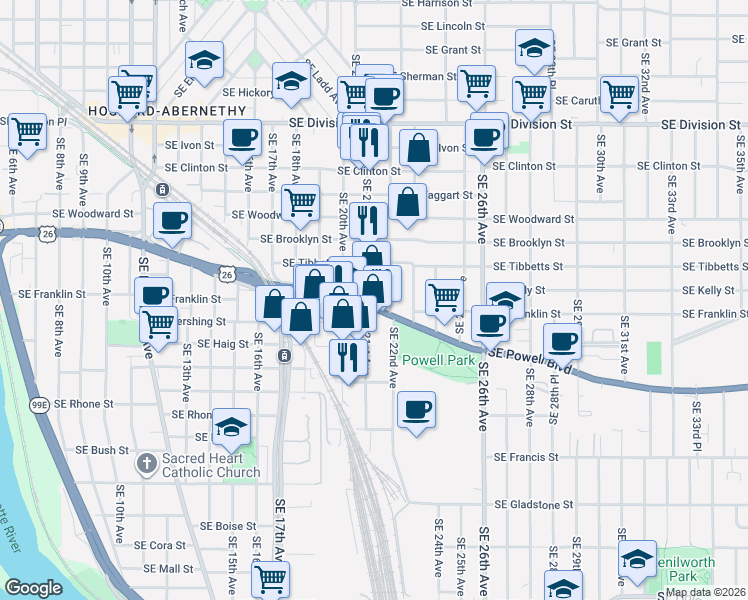 map of restaurants, bars, coffee shops, grocery stores, and more near 2105 Southeast Powell Boulevard in Portland